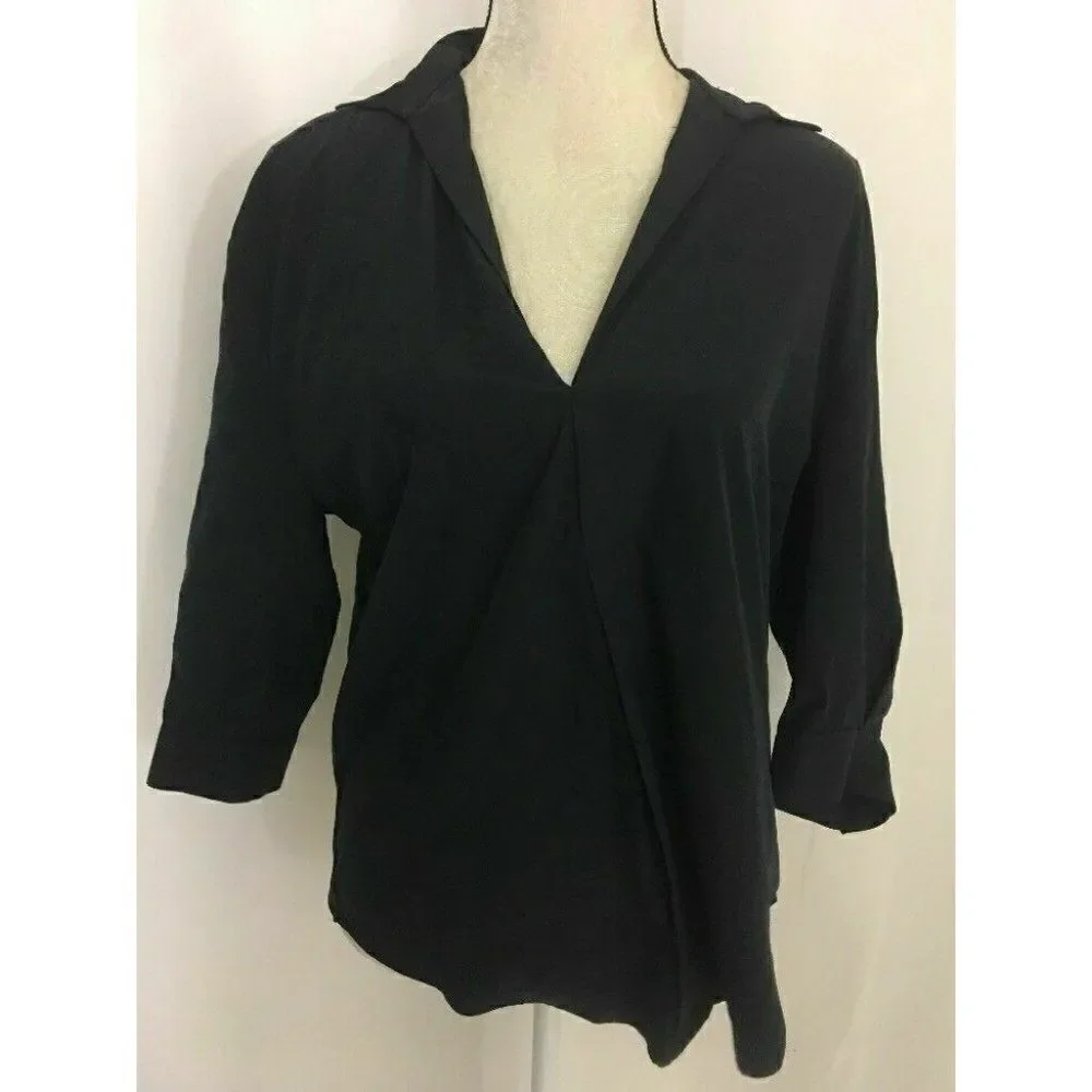 Zara Womens Solid Navy Blue V Neck Long Sleeve Work Career Top Xs